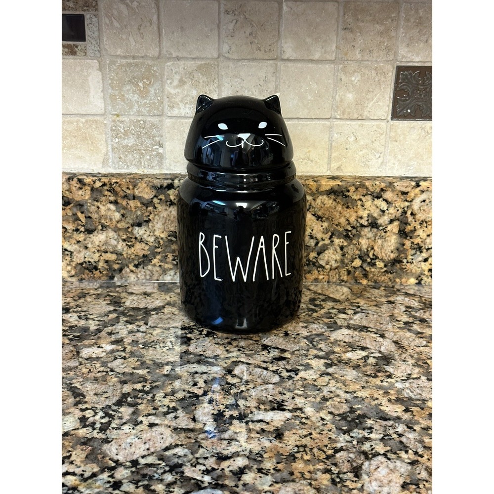 Rae‎ Dunn Black BEWARE figural Spooky Cat Halloween Baby canister Cookie Jar NEW
